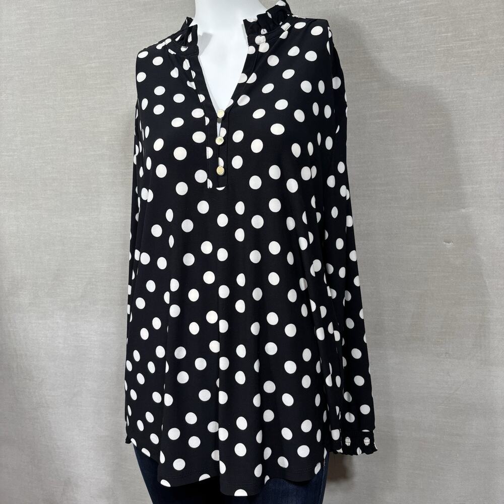 Anne Klein‎ Polka Dot Ruffle Mock Collar Blouse Large Flowy V Neck Classic Sharp